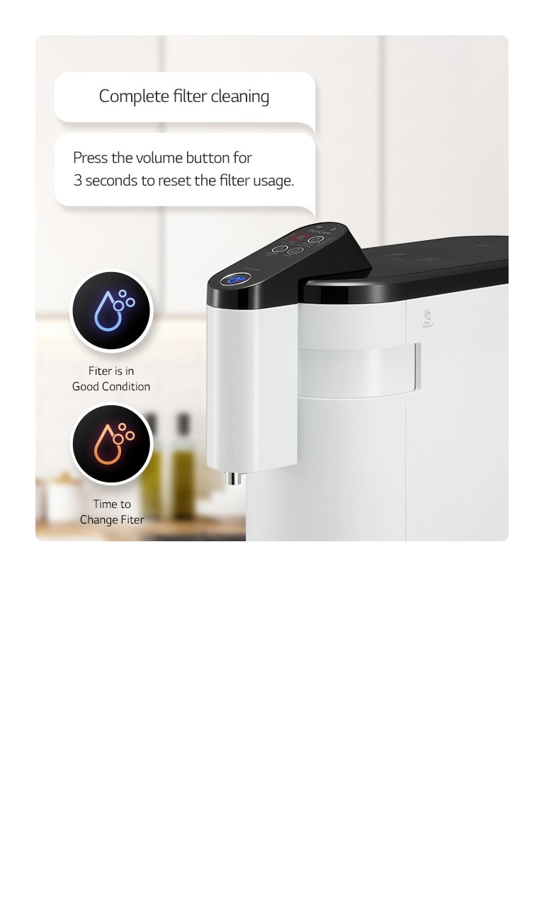 There is a water purifier in what is seen as a kitchen, blue and red icon on the left, and a speech bubble