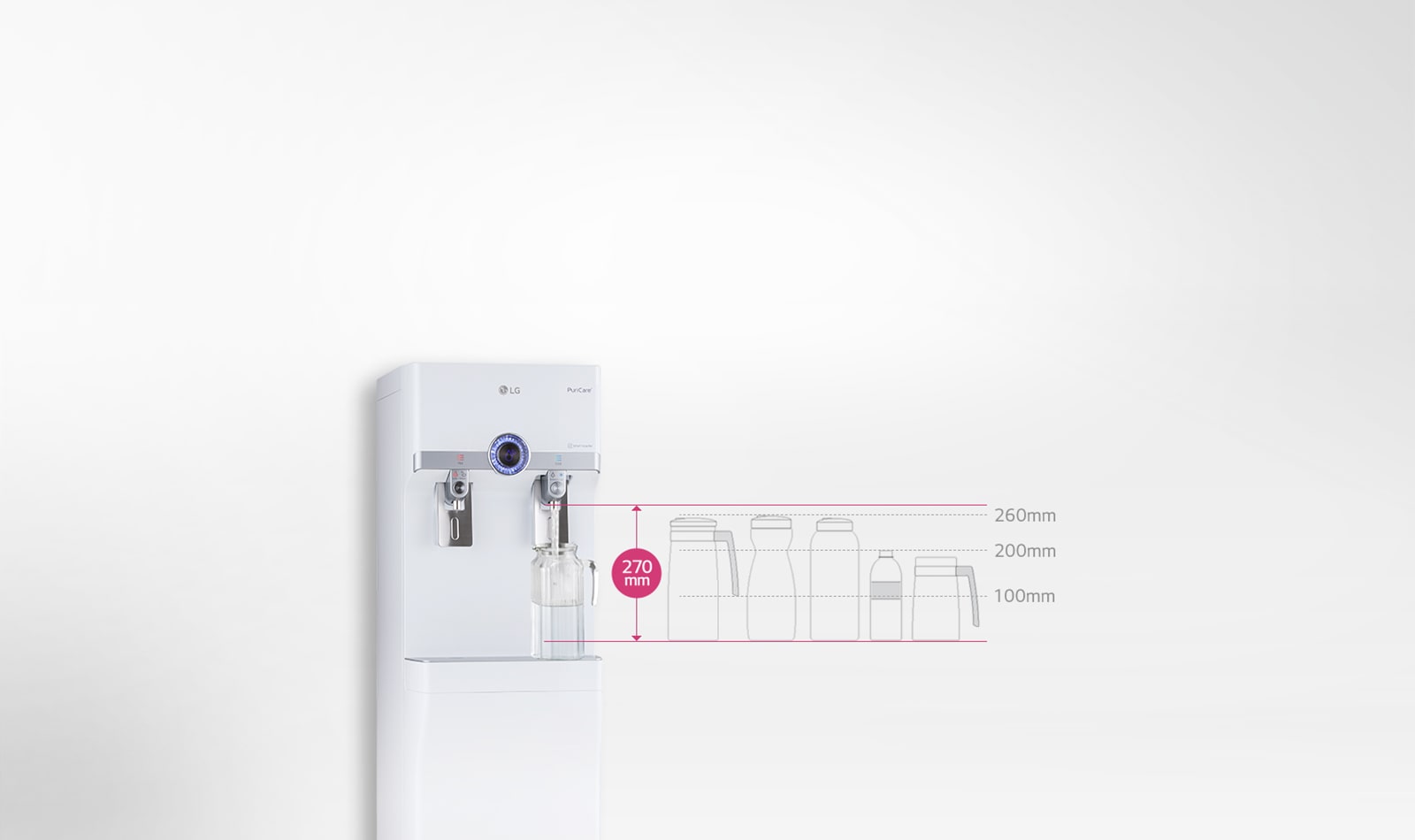 Image showing that the water dispenser can accept water bottles up to 270mm.