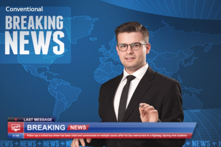 Slider comparison of picture quality of an anchor delivering breaking news with background of world map