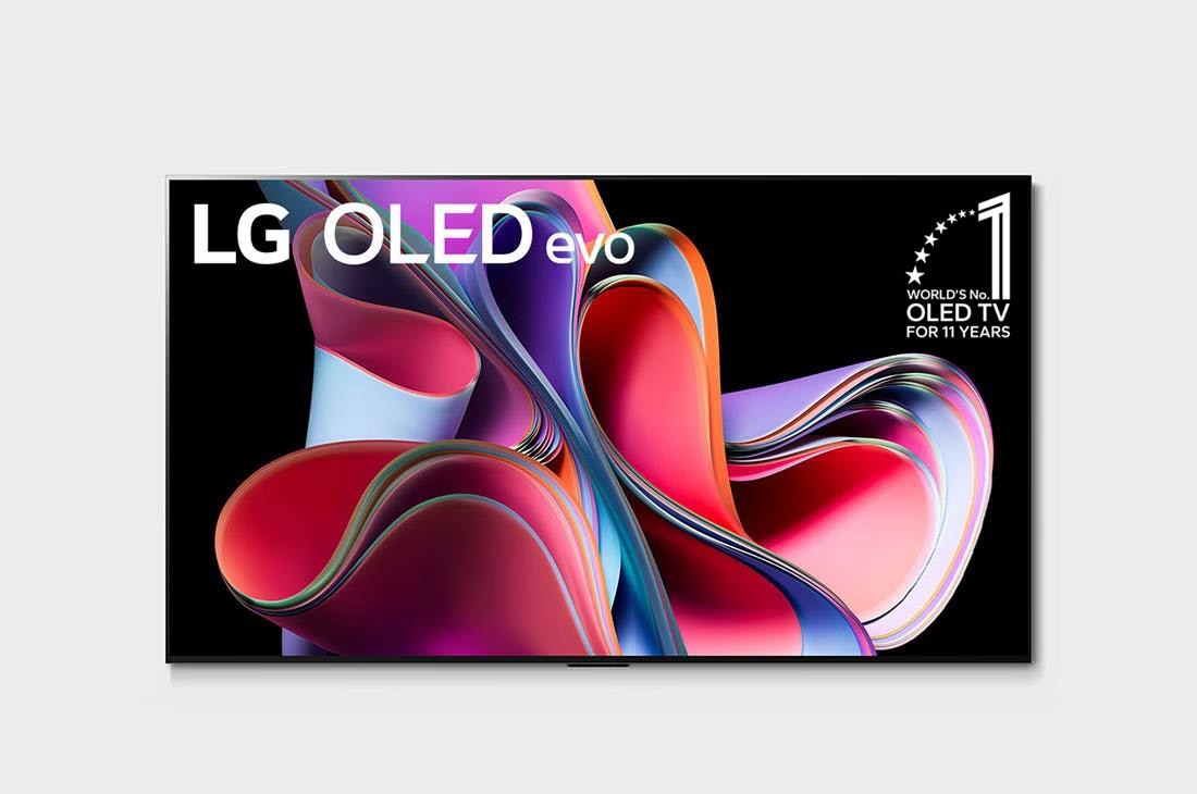 LG  LG OLED evo G3 Gallery Edition 65 inch 120Hz Dolby Vision & HDR10 4K UHD Smart TV (2023), Front view with LG OLED evo, 10 Years World No.1 OLED Emblem, and 5-Year Panel Warranty logo on screen, OLED65G3PSA