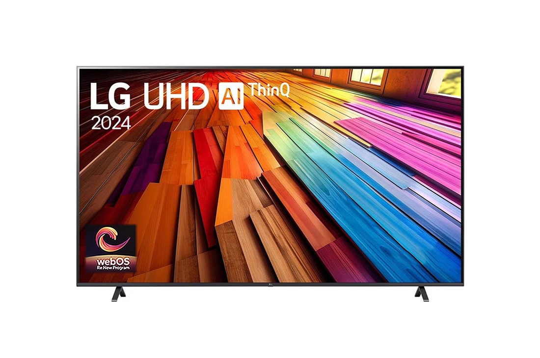 LG UHD AI TV UT80 86 inch HDR10 4K UHD (2024) , Front view of LG UHD TV, UT80 with text of LG UHD AI ThinQ, 2024, and webOS Re:New Program logo on screen, 86UT8050PSB