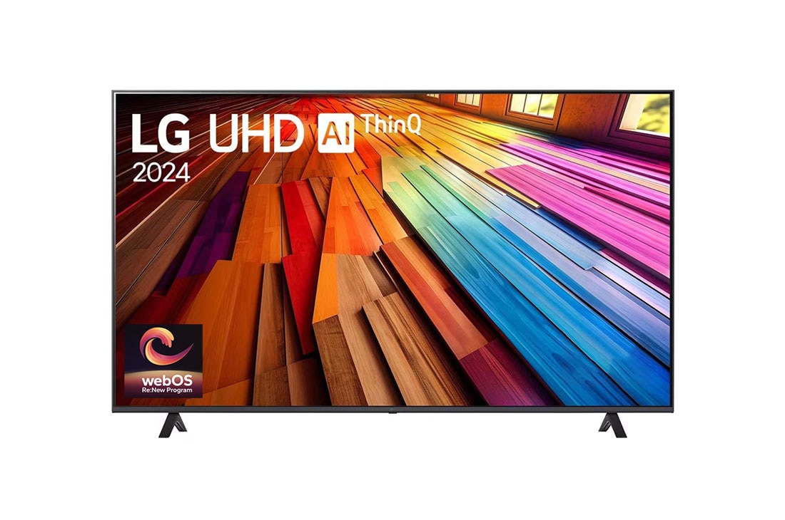 LG UHD AI TV UT80 65 inch HDR10 4K UHD (2024) , Front view of LG UHD TV, UT80 with text of LG UHD AI ThinQ, 2024, and webOS Re:New Program logo on screen, 65UT8050PSB