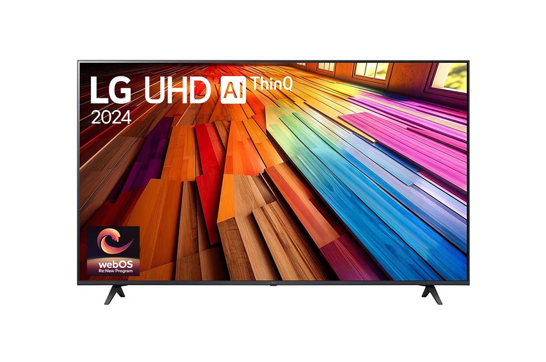 LG UHD AI TV UT80 55 inch HDR10 4K UHD (2024) , Front view of LG UHD TV, UT80 with text of LG UHD AI ThinQ, 2024, and webOS Re:New Program logo on screen, 55UT8050PSB