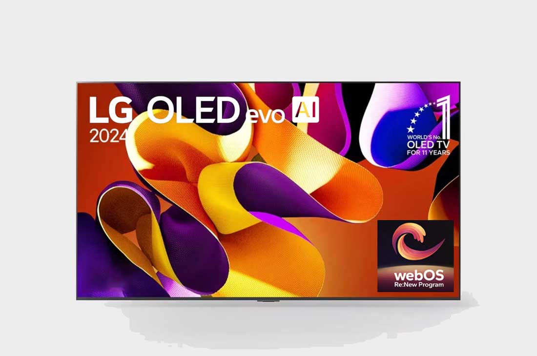 LG 65 Inch LG OLED evo AI G4 4K Smart TV 2024, Front view with LG OLED evo AI TV, OLED G4, 11 Years of world number 1 OLED Emblem and webOS Re:New Program logo on screen, as well as the Soundbar below, OLED65G4PSA