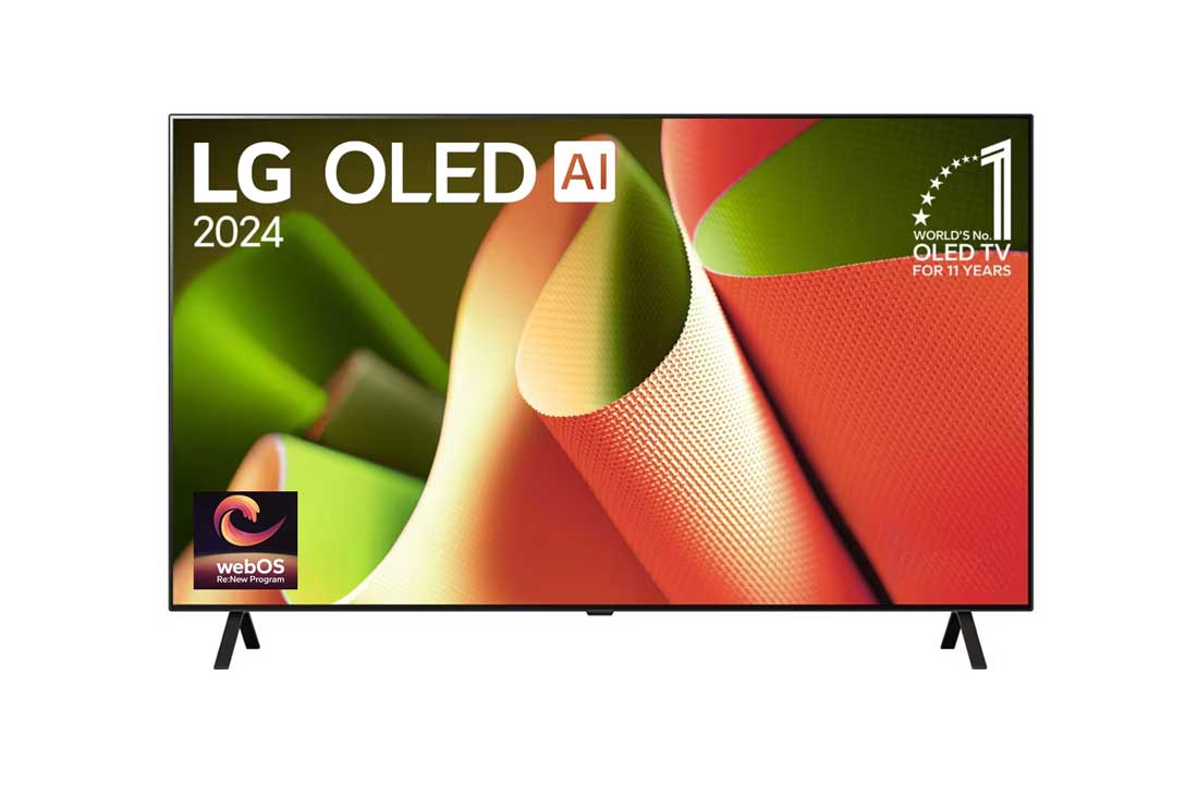 LG 55 Inch LG OLED AI B4 4K Smart TV 2024, Front view with LG OLED AI TV, OLED B4, 11 Years of world number 1 OLED Emblem and webOS Re:New Program logo on screen with 2-pole stand, OLED55B4PSA