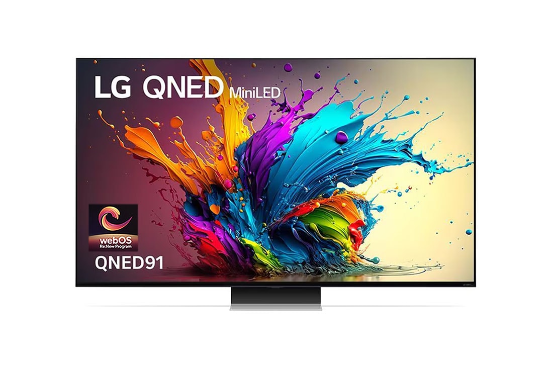 LG QNED91 Mini-LED AI TV 65 inch 120Hz Dolby Vision & HDR10 4K UHD (2024) , Front view of QNED90 with LG QNED MiniLED and 2024 on screen, 65QNED91TSA