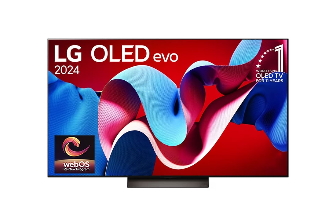 LG OLED evo AI TV C4 55 inch 144Hz Gaming Mode* Dolby Vision & HDR10 4K UHD (2024) , Front view with LG OLED evo and 11 Years World No.1 OLED Emblem on screen, as well as the Soundbar below, OLED55C4PSA
