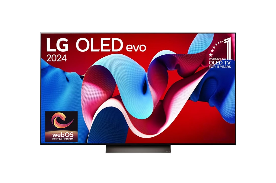 LG OLED evo AI TV C4 77 inch 144Hz Gaming Mode* Dolby Vision & HDR10 4K UHD (2024) , Front view with LG OLED evo and 11 Years World No.1 OLED Emblem on screen, as well as the Soundbar below, OLED77C4PSA
