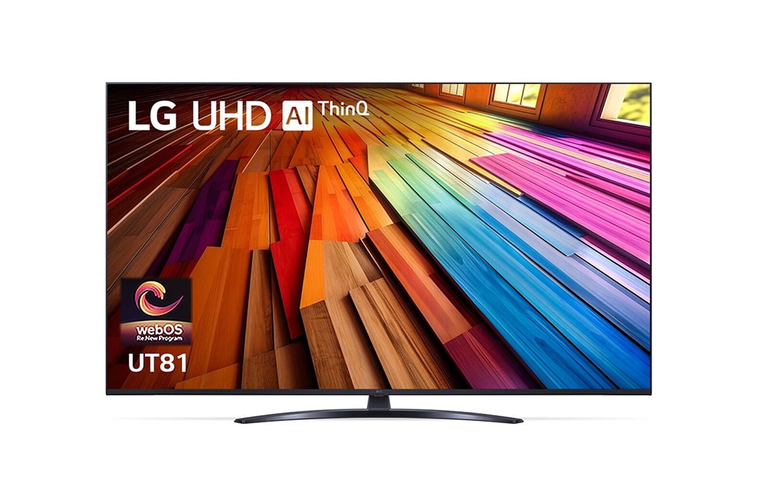 LG UHD AI TV UT81 50 inch HDR10 4K UHD (2024) , Front view of LG UHD TV, UT81 with text of LG UHD AI ThinQ, 2024, and webOS Re:New Program logo on screen, 50UT8150PSB