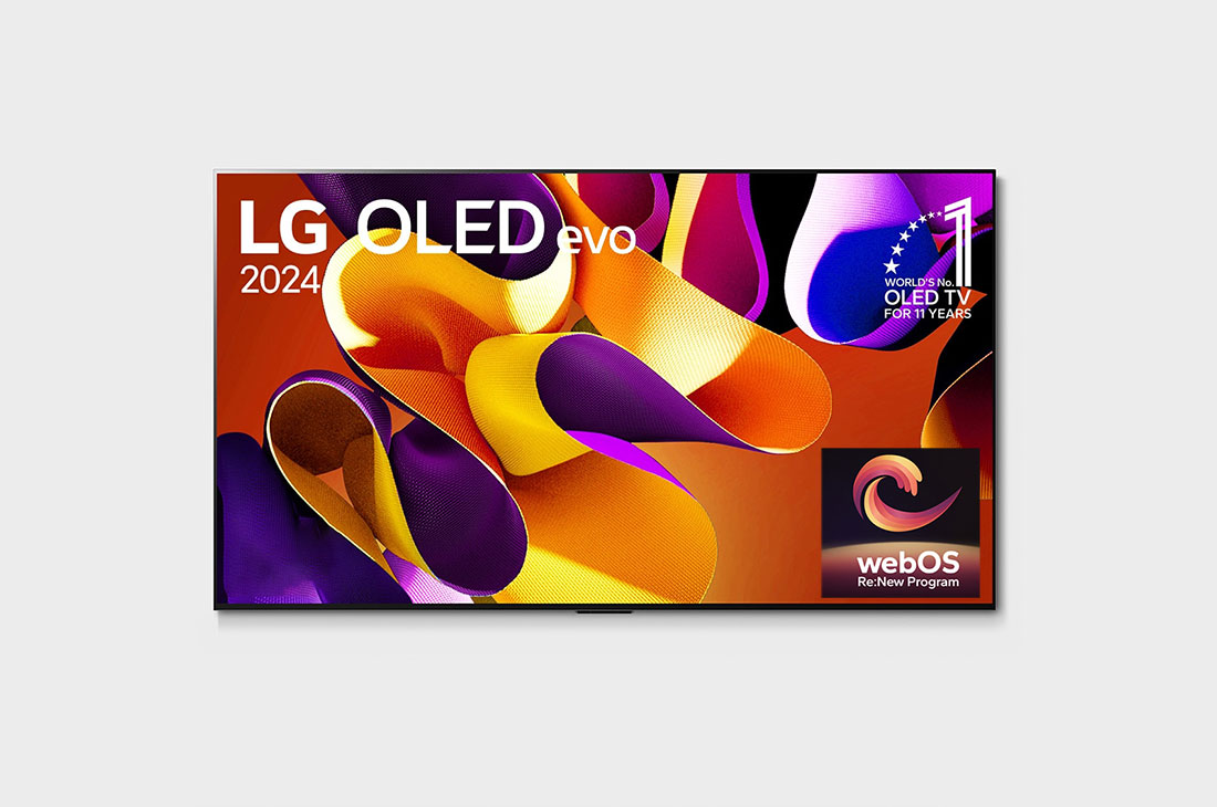 LG OLED evo AI TV G4 Gallery Edition 77 inch 144Hz Gaming Mode* Dolby Vision & HDR10 4K UHD (2024) , Front view with LG OLED evo and 11 Years World No.1 OLED Emblem on screen, as well as the Soundbar below, OLED77G4PSA