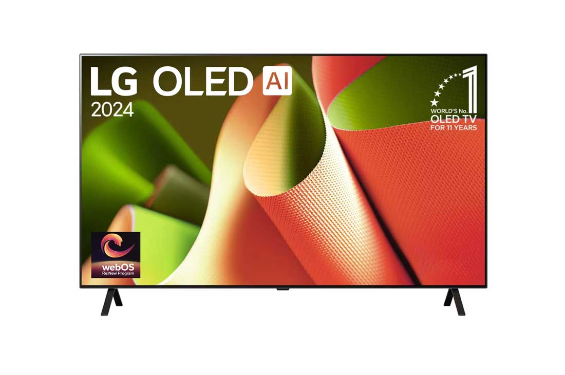 LG 65 Inch LG OLED AI B4 4K Smart TV 2024, Front view with LG OLED AI TV, OLED B4, 11 Years of world number 1 OLED Emblem and webOS Re:New Program logo on screen with 2-pole stand, OLED65B4PSA