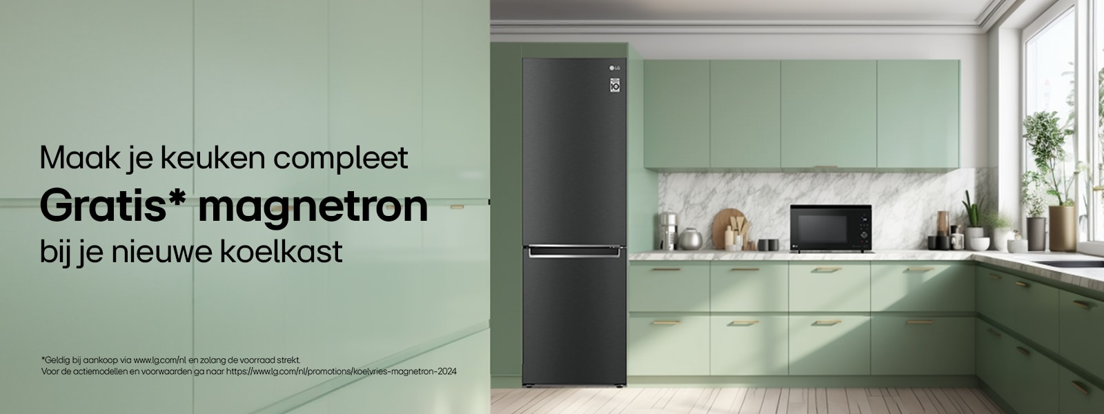 een koelkast en magnetron in een groen kleurige keuken. Bundel promotie banner