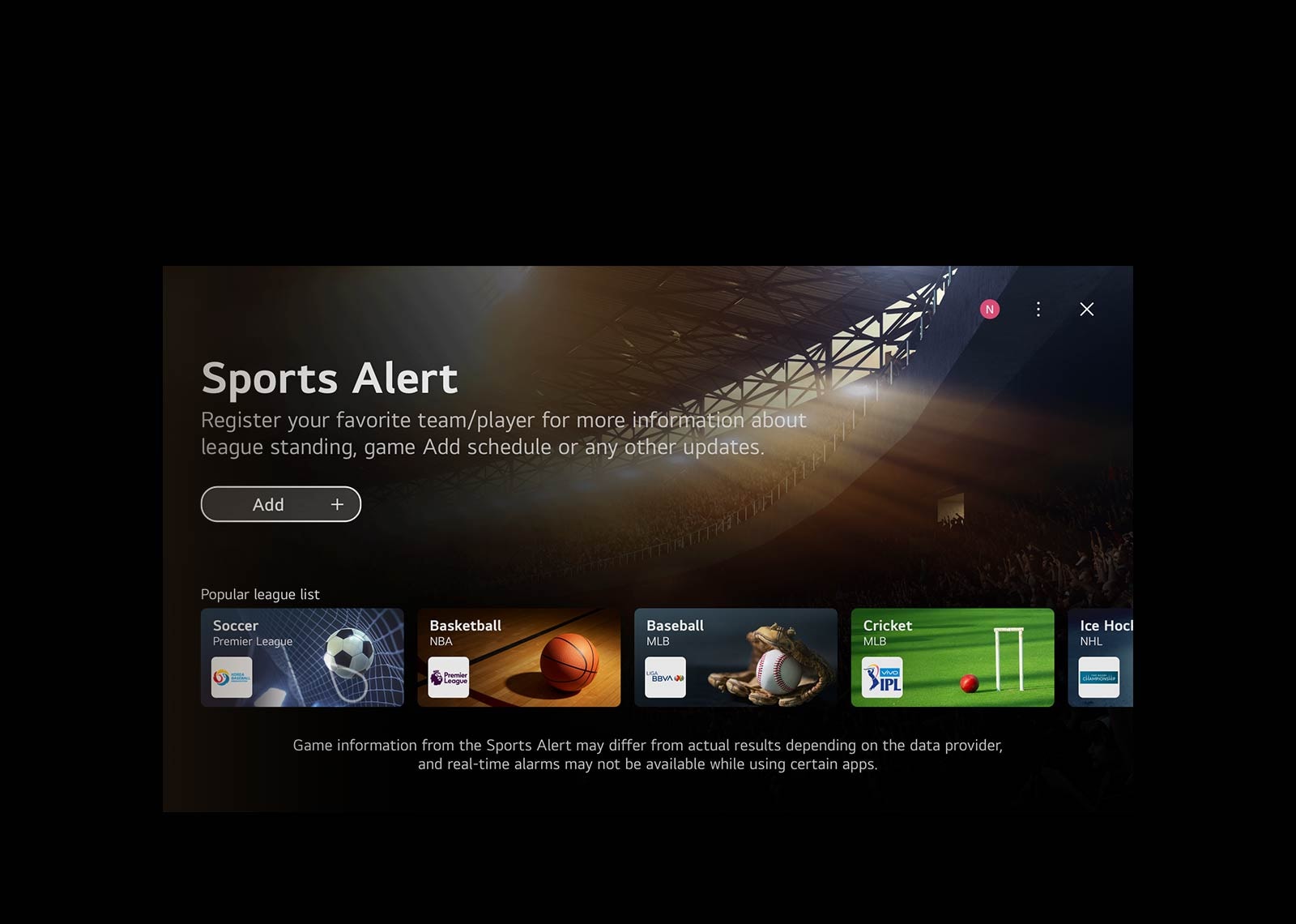 Videoposnetek, ki prikazuje začetni zaslon WebOS. Kazalec klikne hitro kartico igre in nato hitro kartico športa, ki vodita do zaslonov s povezano vsebino.