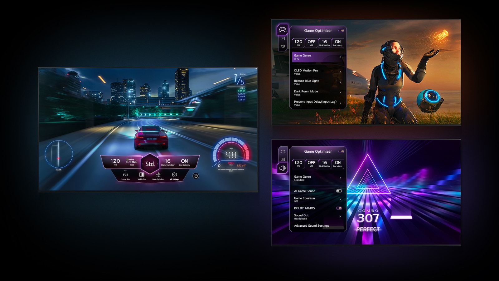 Trije igralni zasloni so prikazani na črnem gradientnem ozadju. Ena prikazuje avtomobilsko dirko z igralno nadzorno ploščo nad dogajanjem. Druga prikazuje igro Sci-Fi z menijem Game Optimizer. In zadnji zaslon prikazuje zavihek igre Game Optimizer nad glasbeno igro.