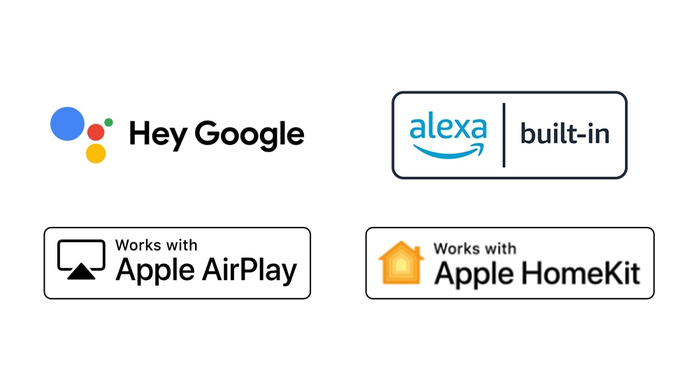 Er zijn vier logo's verplaatst in volgorde - Hey Google, alexa ingebouwd, Werkt met Apple AirPlay, Werkt met Apple HomeKit. 