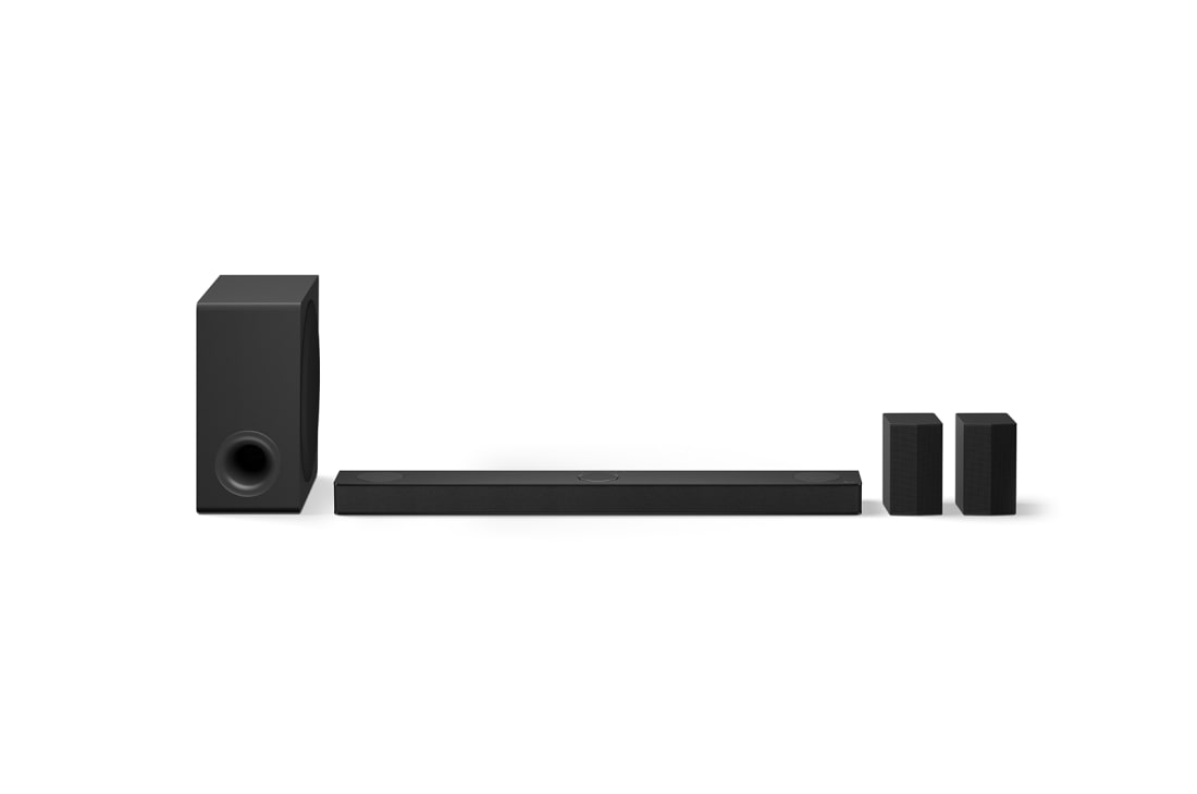 LG Soundbar voor TV met Dolby Atmos 5.1.3 kanaal DS80TR 2024, Vooraanzicht van de LG Soundbar S80TR, subwoofer en achterluidsprekers, DS80TR
