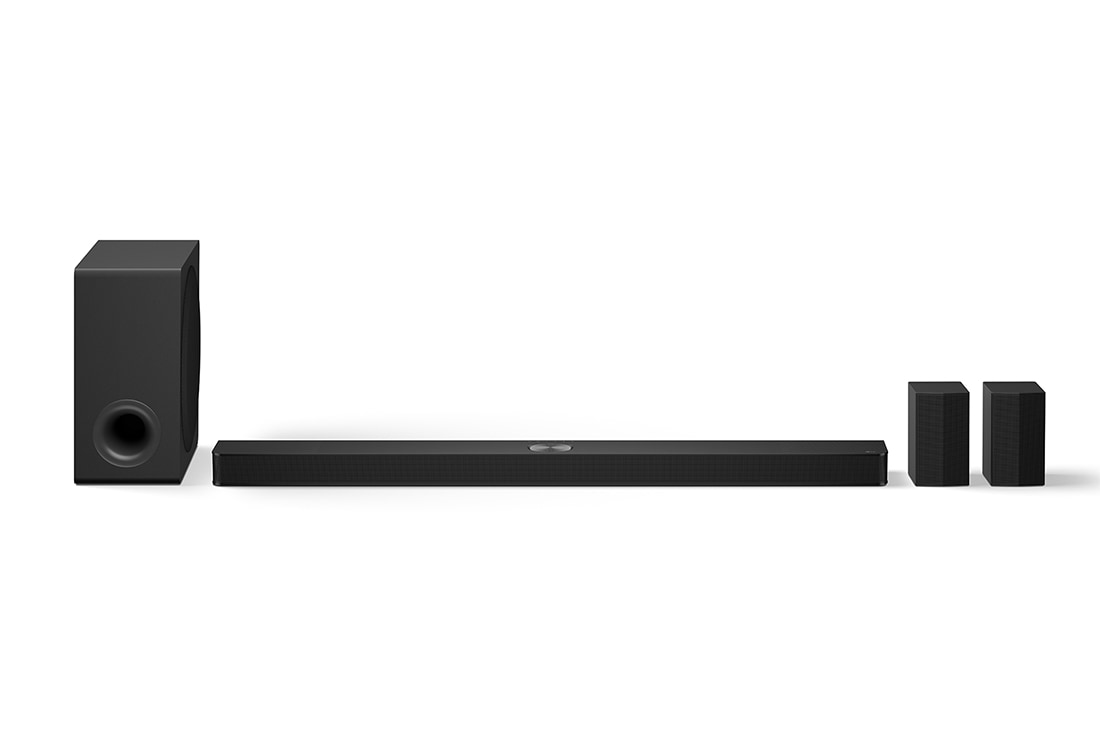 LG Soundbar voor tv met Dolby Atmos 7.1.3-kanaals DS90TR, Vooraanzicht van de LG Soundbar DS90TR, subwoofer en achterluidsprekers, DS90TR