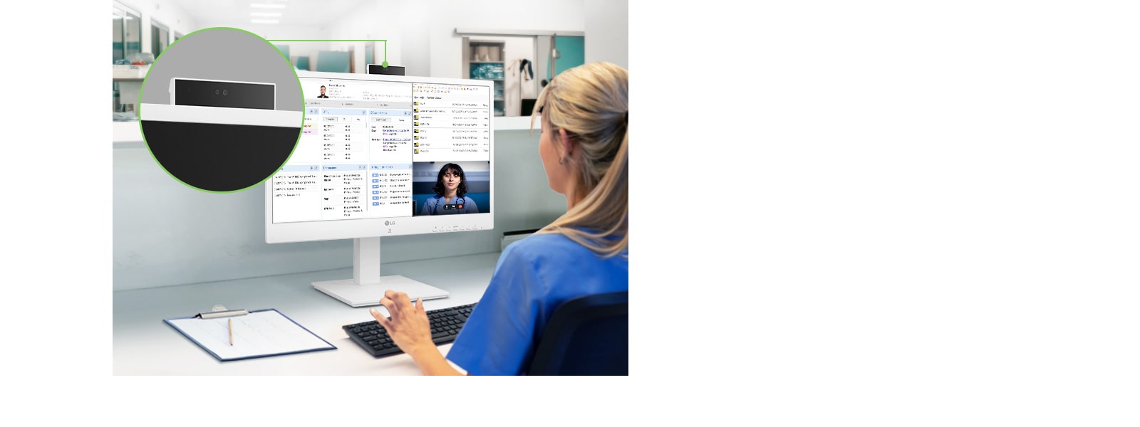 De ingebouwde push-pull Full HD webcam met levendige en heldere beelden ondersteunt medische zorg op afstand en videoconferenties.