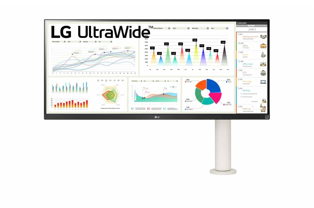 LG 34'' 21:9 UltraWide™ FHD (2560 x 1080) Monitor met Ergo Stand, vooraanzicht monitorarm aan de rechterkant, 34WQ680-W