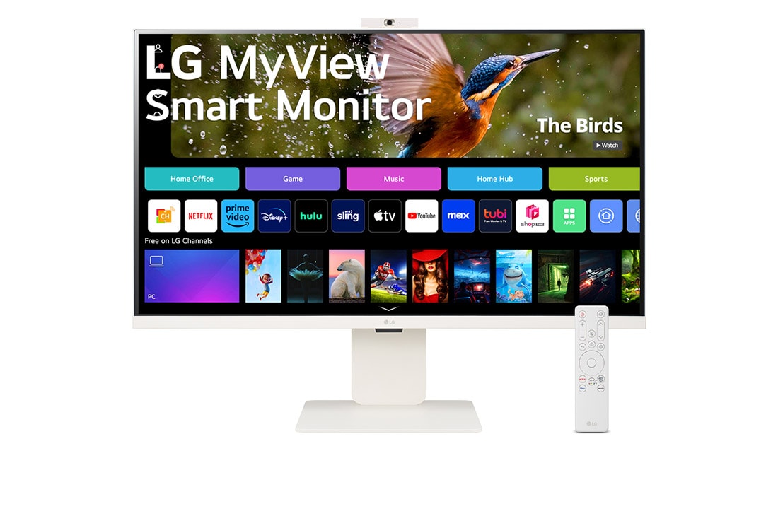 LG MyView 32'' 4K UHD IPS Smart Monitor met webOS en ingebouwde FHD-webcam, vooraanzicht met webcam en afstandsbediening, 32SR85U-W