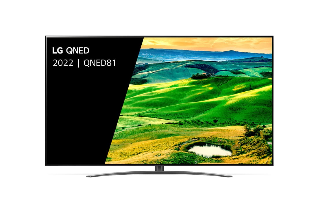 LG QNED81, Een vooraanzicht van de LG QNED TV met invulbeeld en productlogo op, 86QNED816QA