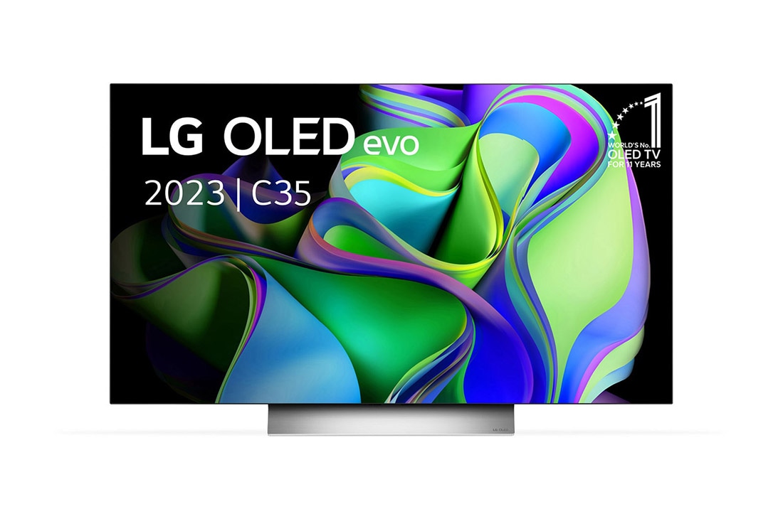 LG 48 inch LG OLED evo C3 4K Smart TV - OLED48C35LA, Vooraanzicht met LG OLED evo en 10 jaar nr. 1 OLED-embleem op het scherm, evenals de soundbar eronder. , OLED48C35LA