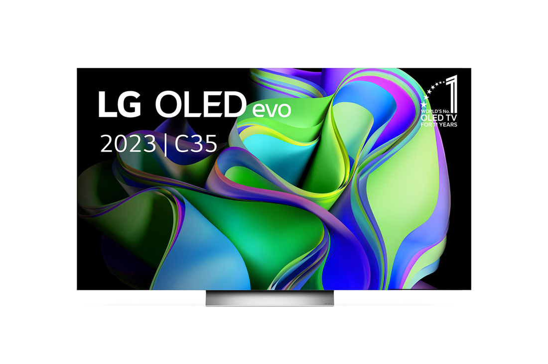 LG 77 inch LG OLED evo C3 4K Smart TV - OLED77C35LA, Vooraanzicht met LG OLED evo en 10 jaar nr. 1 OLED-embleem op het scherm, evenals de soundbar eronder. , OLED77C35LA