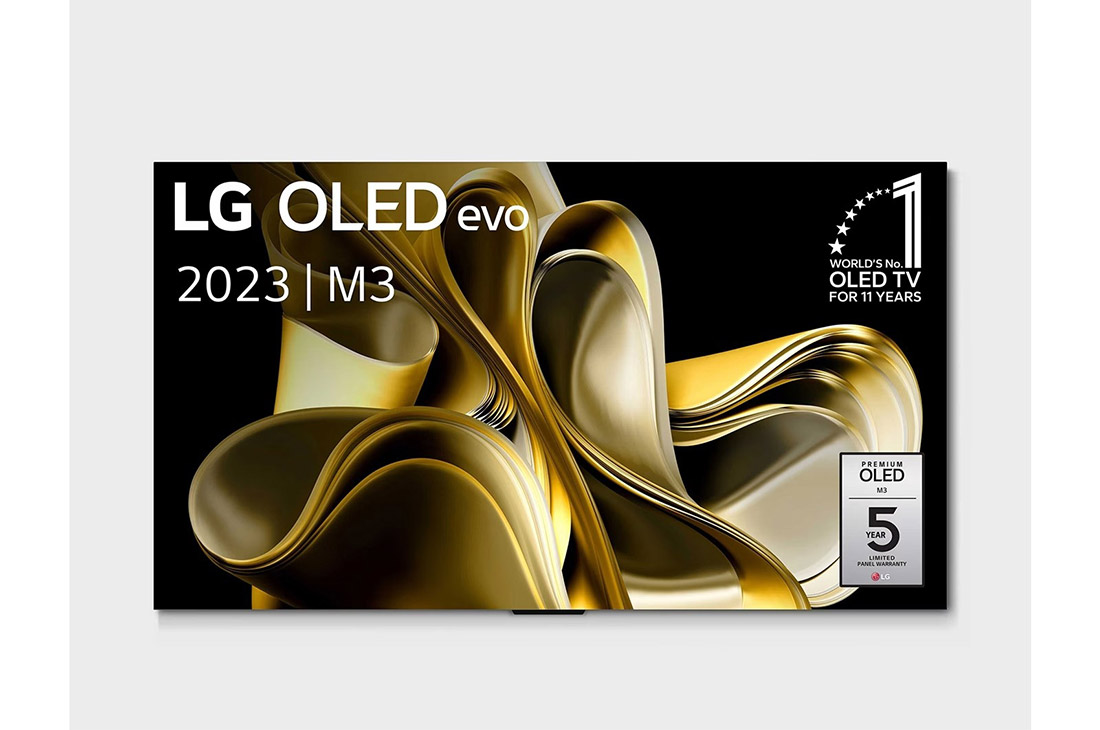 LG 77 inch LG OLED evo M3 4K Smart TV met draadloze video- en audio-overdracht, Vooraanzicht met LG OLED M3 en Zero Connect Box eronder, 10 jaar wereld nummer 1 OLED-embleem, LG OLED evo en 5 jaar paneelgarantielogo op het scherm, OLED77M39LA