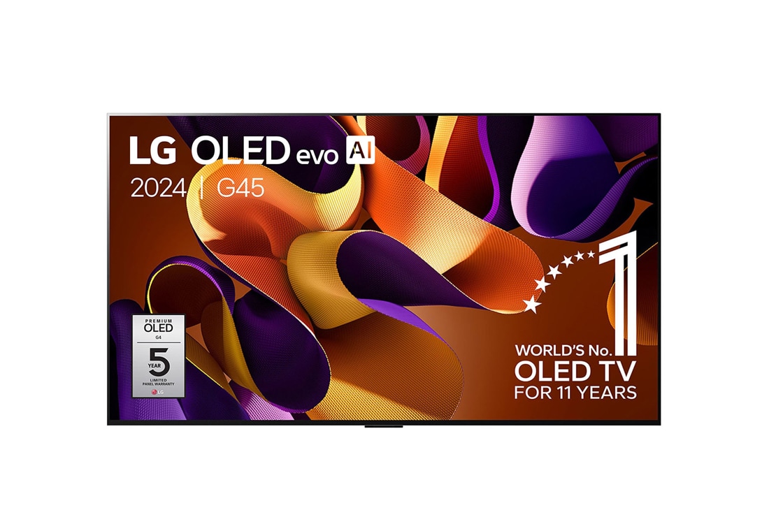 LG 77 Inch LG OLED evo AI G4 4K Smart TV 2024, Vooraanzicht van LG OLED evo AI TV, OLED G4, 11 jaar wereldwijd nummer 1 OLED-embleem en webOS Re:New Program-logo op het scherm, evenals de Soundbar eronder, OLED77G45LW