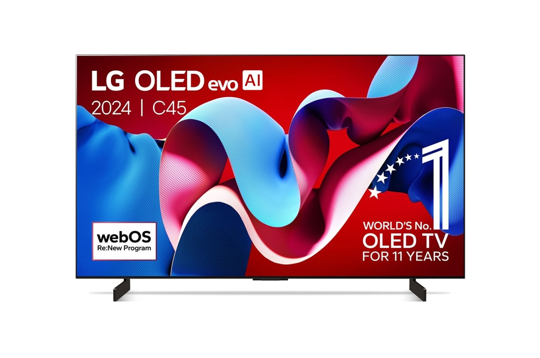 LG 42 Inch LG OLED evo AI C4 4K Smart TV 2024, Vooraanzicht van LG OLED evo AI TV, OLED C4, 11 jaar wereldwijd nummer 1 OLED-embleem en webOS Re:New Program-logo op het scherm, OLED42C45LA