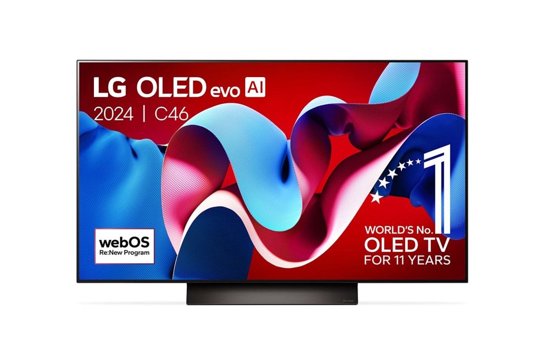 LG 48 Inch LG OLED evo AI C4 4K Smart TV 2024, Vooraanzicht van LG OLED evo AI TV, OLED C4, 11 jaar wereldwijd nummer 1 OLED-embleem en webOS Re:New Program-logo op het scherm, OLED48C46LA