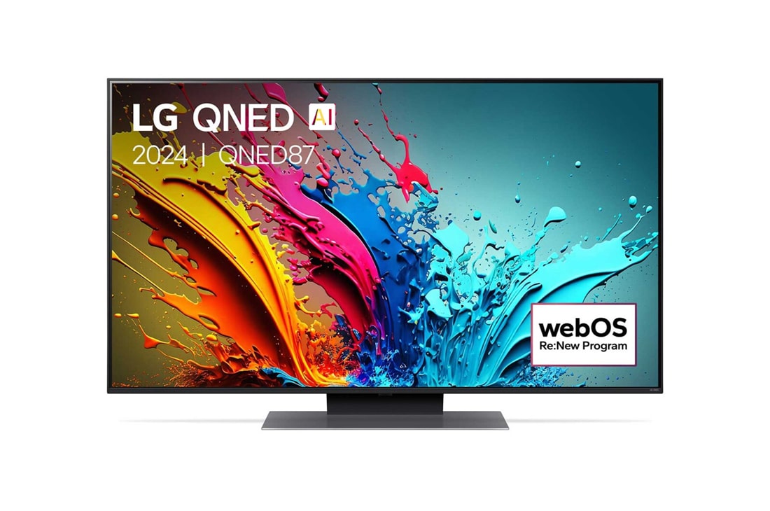 LG 50 Inch LG AI QNED87 4K Smart TV 2024, Vooraanzicht van LG QNED TV, QNED87 met tekst van LG QNED, 2024, en webOS Re:New Program-logo op het scherm, 50QNED87T6B