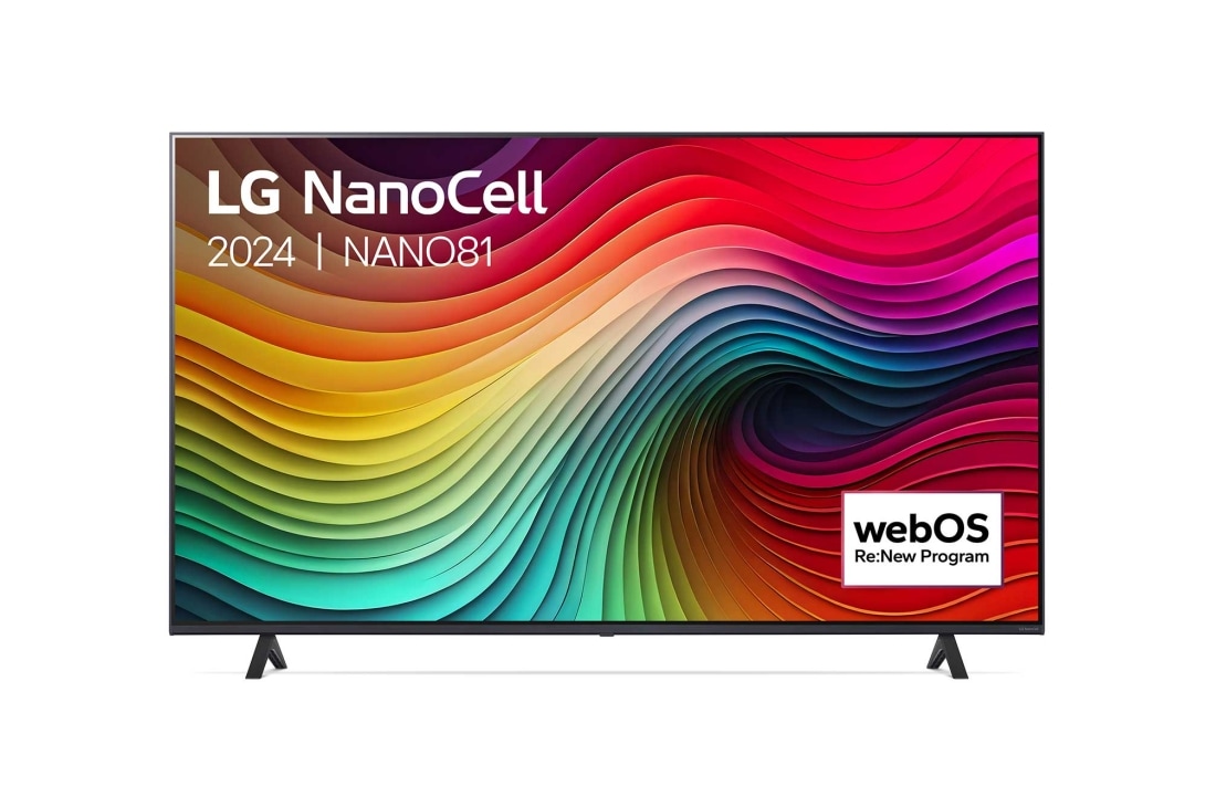 LG 50 Inch LG NanoCell NANO81 4K Smart TV 2024, Vooraanzicht van LG NanoCell TV, NANO80 met tekst van LG NanoCell, 2024, en webOS Re:New Program-logo op het scherm, 50NANO81T6A