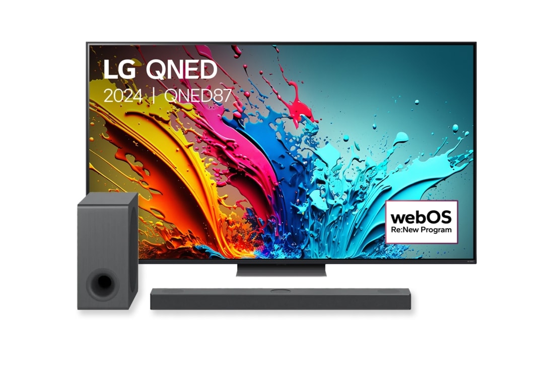 LG 75 Inch LG QNED QNED87 4K Smart TV & DS80QY 3.1.3 Channel soundbar, front view, 75QNED87T6B.DS80QY