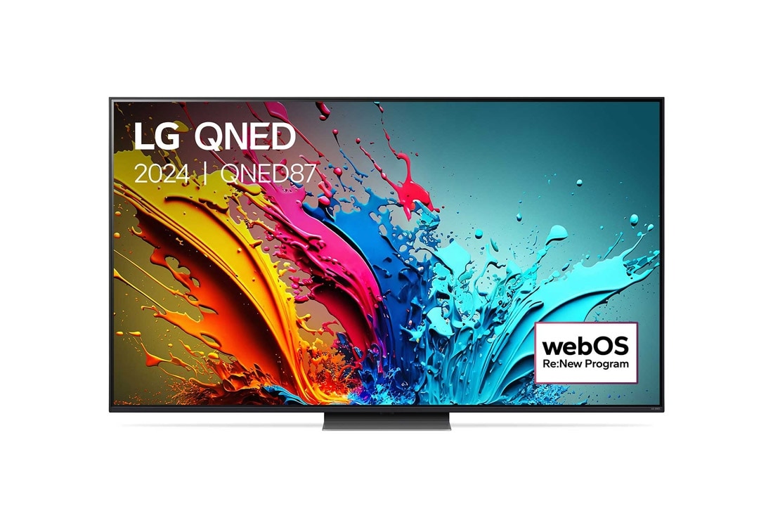 LG 75 Inch LG QNED87 4K Smart TV 2024, Vooraanzicht van LG QNED TV, QNED85 met tekst van LG QNED, 2024, en webOS Re:New Program-logo op het scherm, 75QNED87T6B