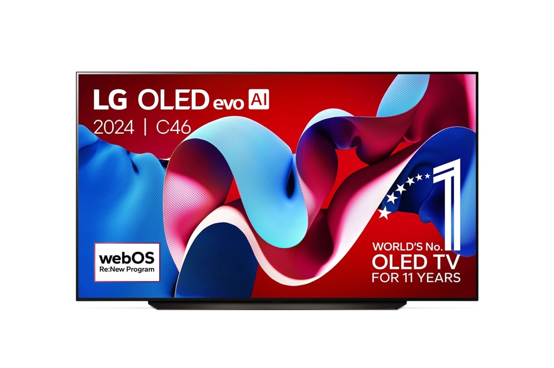 LG 83 inch LG OLED evo AI C4 4K Smart TV 2024 , Vooraanzicht van LG OLED evo AI TV, OLED C4, 11 jaar wereldwijd nummer 1 OLED-embleem en webOS Re:New Program-logo op het scherm, OLED83C46LA