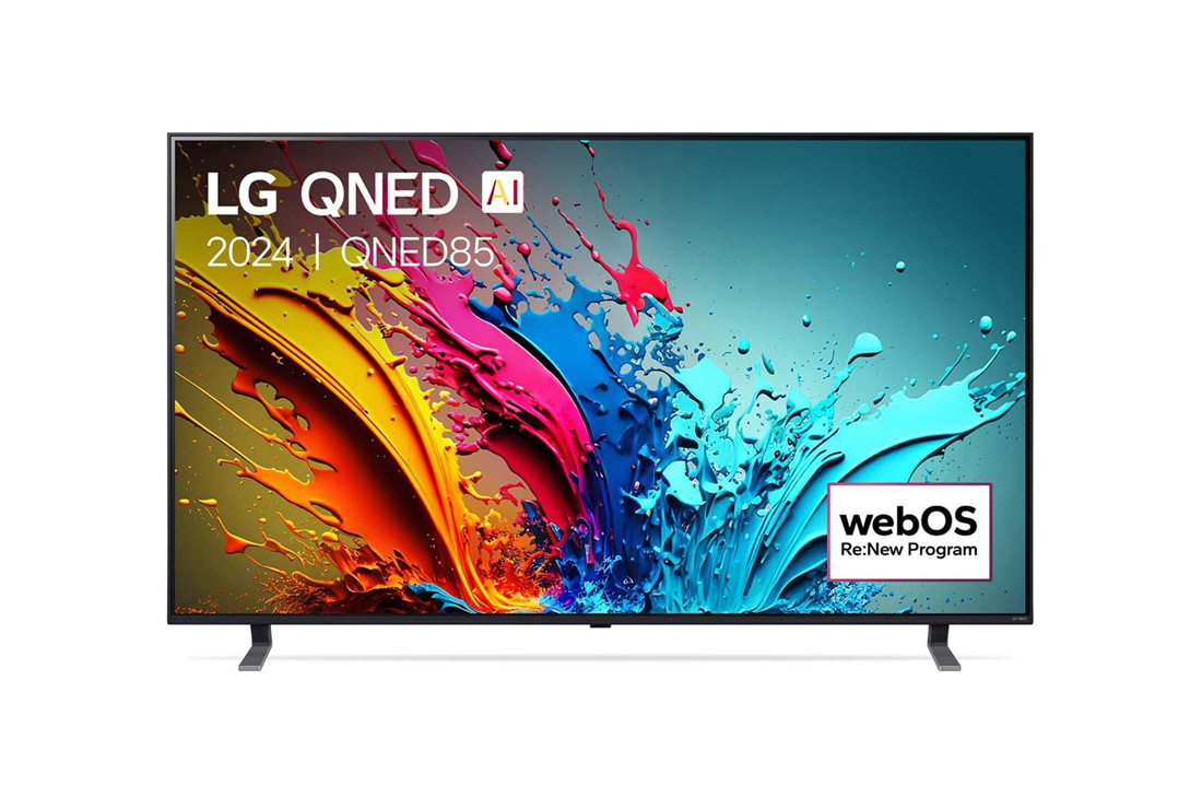 LG 86 inch LG AI QNED85 4K Smart TV 2024 , Vooraanzicht van LG QNED TV, QNED87 met tekst van LG QNED, 2024, en webOS Re:New Program-logo op het scherm, 86QNED85T6C