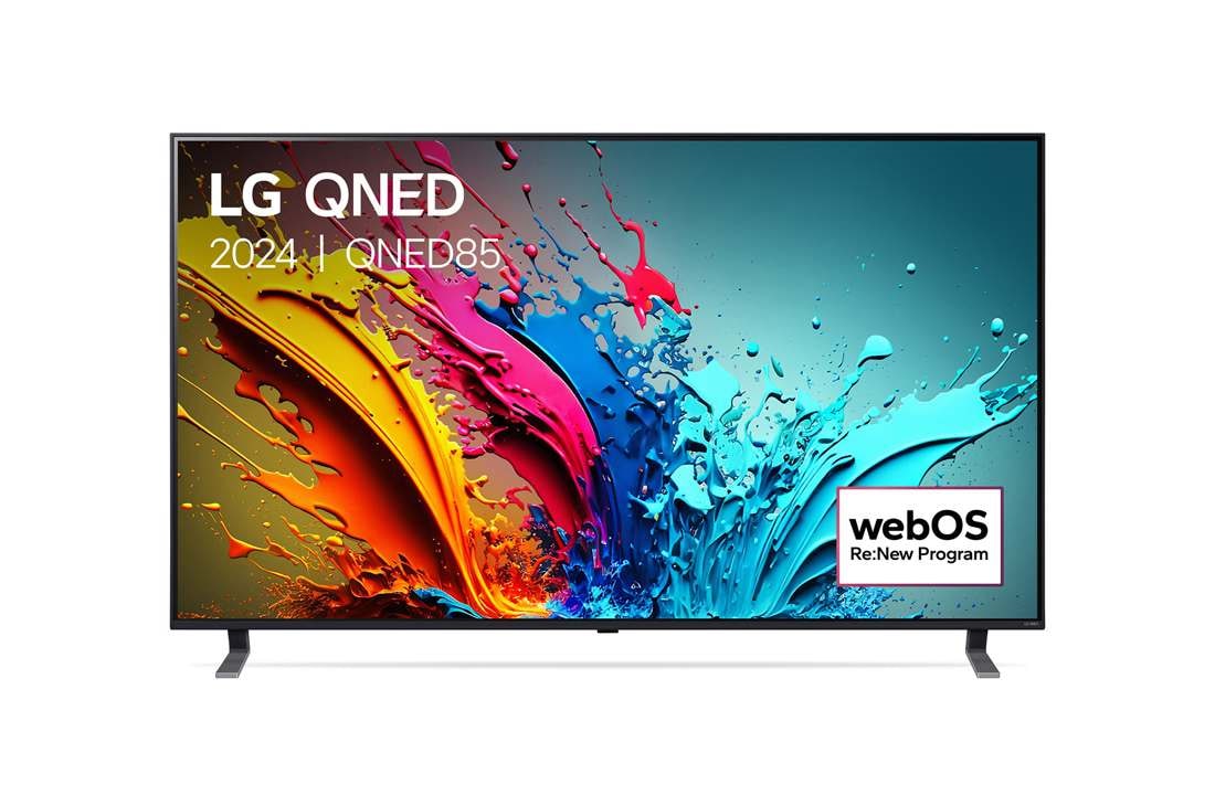 LG 65 Inch LG QNED85 4K Smart TV 2024, Vooraanzicht van LG QNED TV, QNED87 met tekst van LG QNED, 2024, en webOS Re:New Program-logo op het scherm, 65QNED85T6C