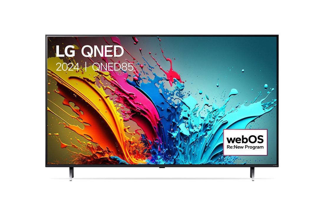 LG 50 Inch LG QNED85 4K Smart TV 2024, Vooraanzicht van LG QNED TV, QNED87 met tekst van LG QNED, 2024, en webOS Re:New Program-logo op het scherm, 50QNED85T6A