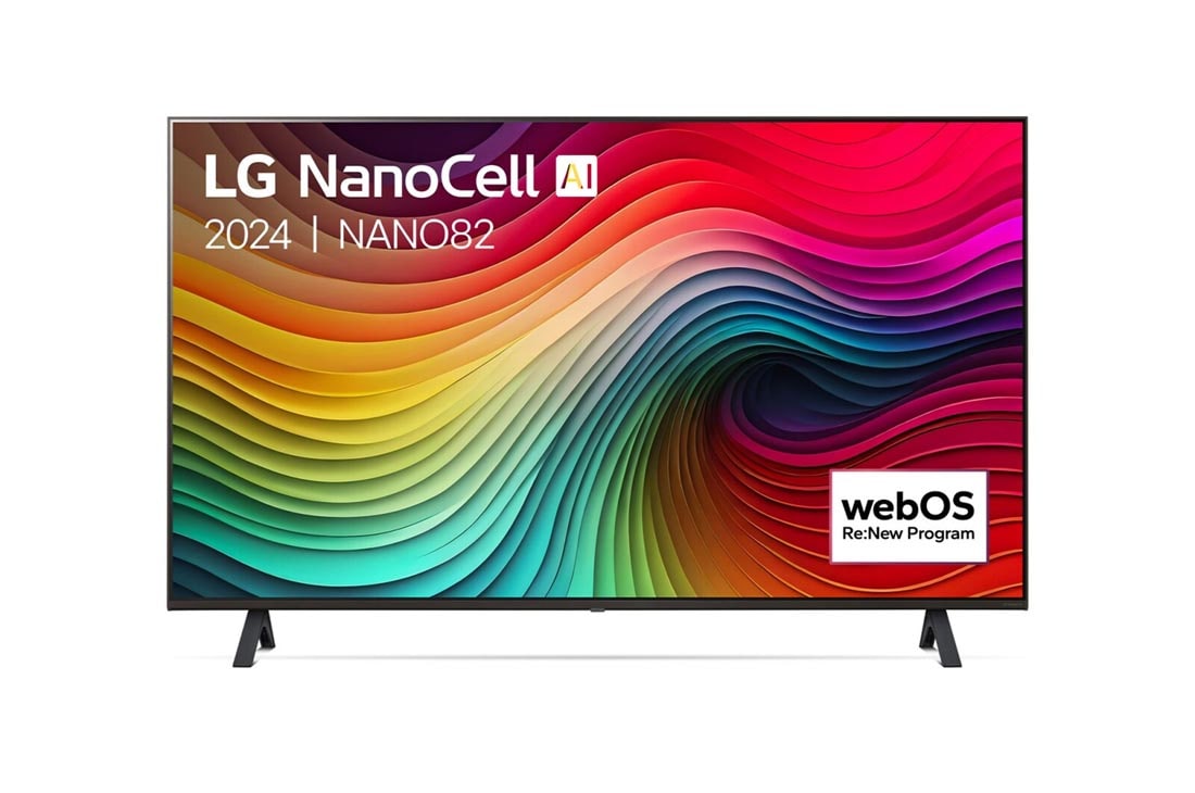 LG 43 Inch LG NanoCell AI NANO82 4K Smart TV 2024, Vooraanzicht van LG NanoCell TV, NANO82 met tekst van LG NanoCell, 2024, en webOS Re:New Program-logo op het scherm, 43NANO82T6B