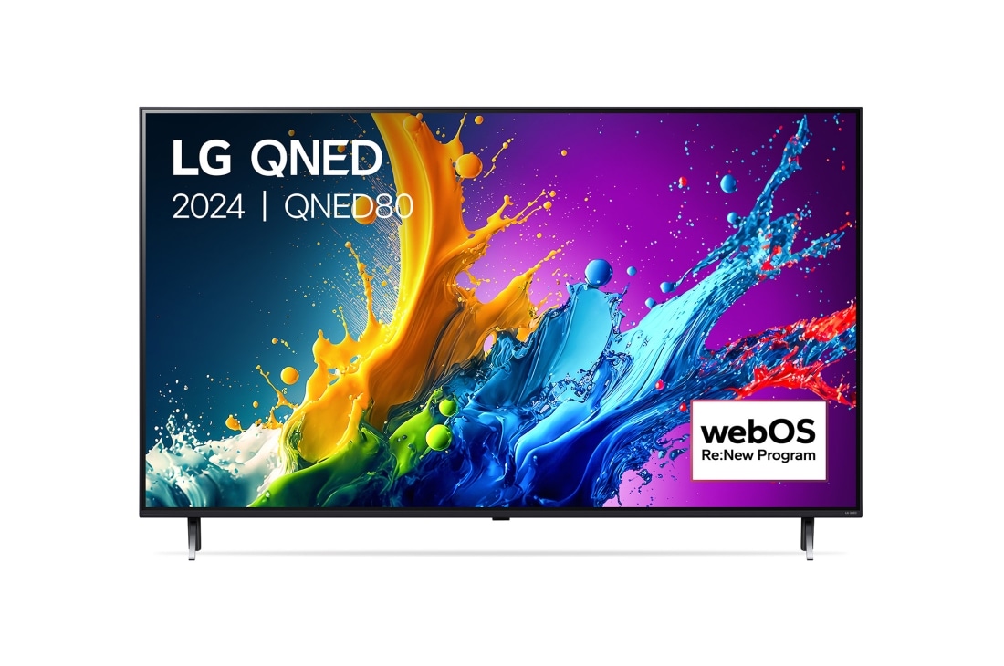 LG 55 Inch LG QNED80 4K Smart TV 2024, Vooraanzicht van LG QNED TV, QNED80 met tekst van LG QNED, 2024, en webOS Re:New Program-logo op het scherm, 55QNED80T6A