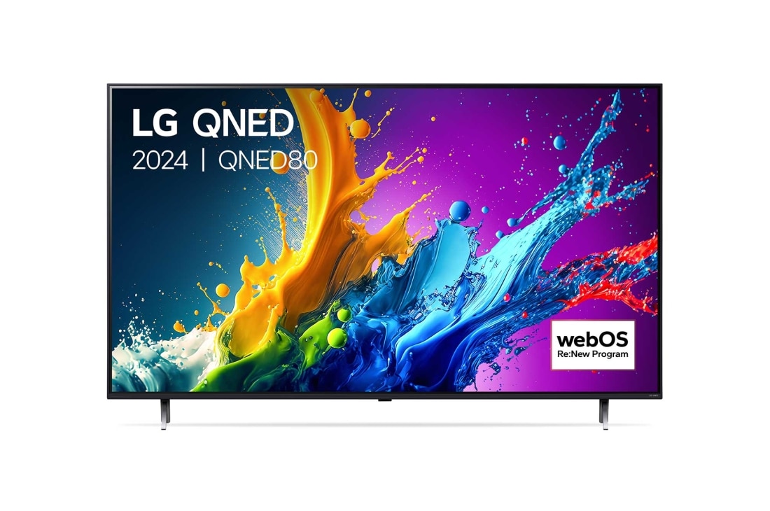 LG 86 Inch LG QNED80 4K Smart TV 2024, Vooraanzicht van LG QNED TV, QNED80 met tekst van LG QNED, 2024, en webOS Re:New Program-logo op het scherm, 86QNED80T6A