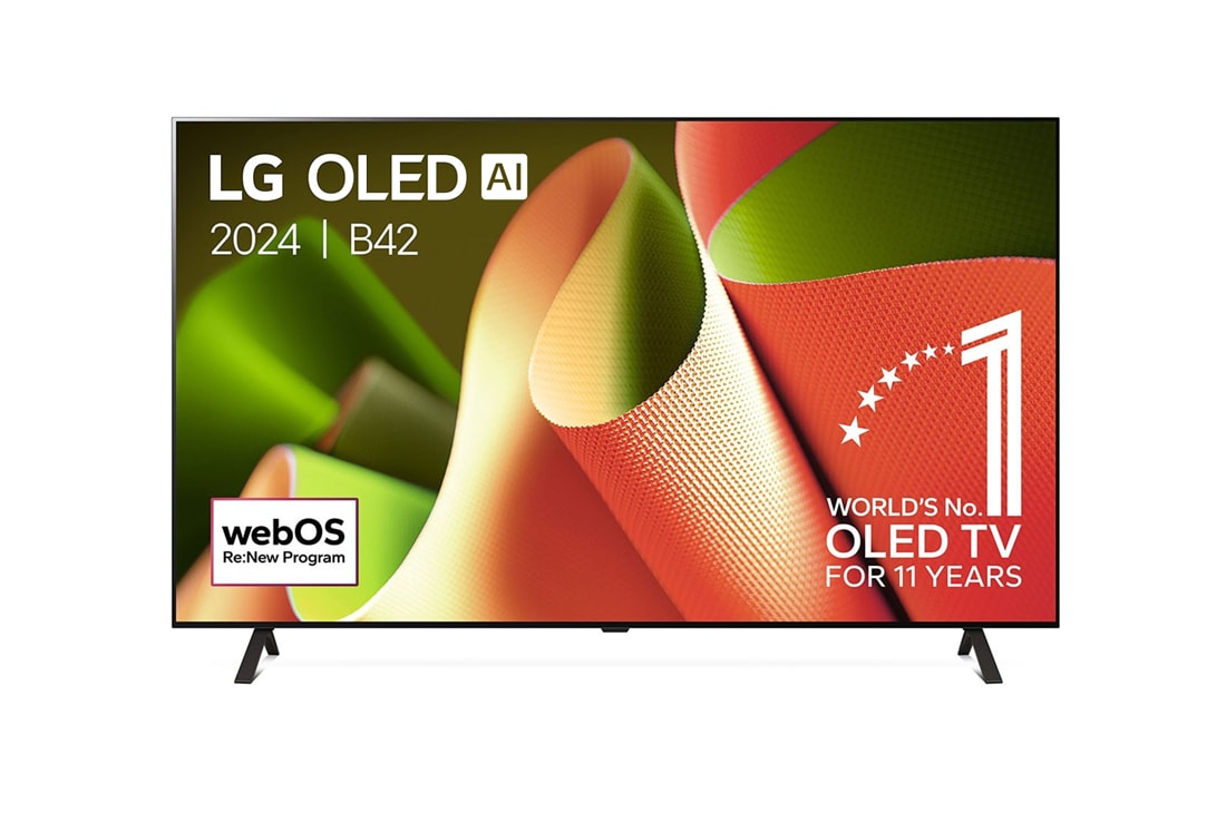 LG 77 Inch LG OLED AI B4 4K Smart TV OLED77B4, Vooraanzicht van LG OLED TV, OLED AI B4, 11 jaar wereldwijd nummer 1 OLED-embleem en webOS Re:New Program-logo op scherm met 2 statieven, OLED77B42LA