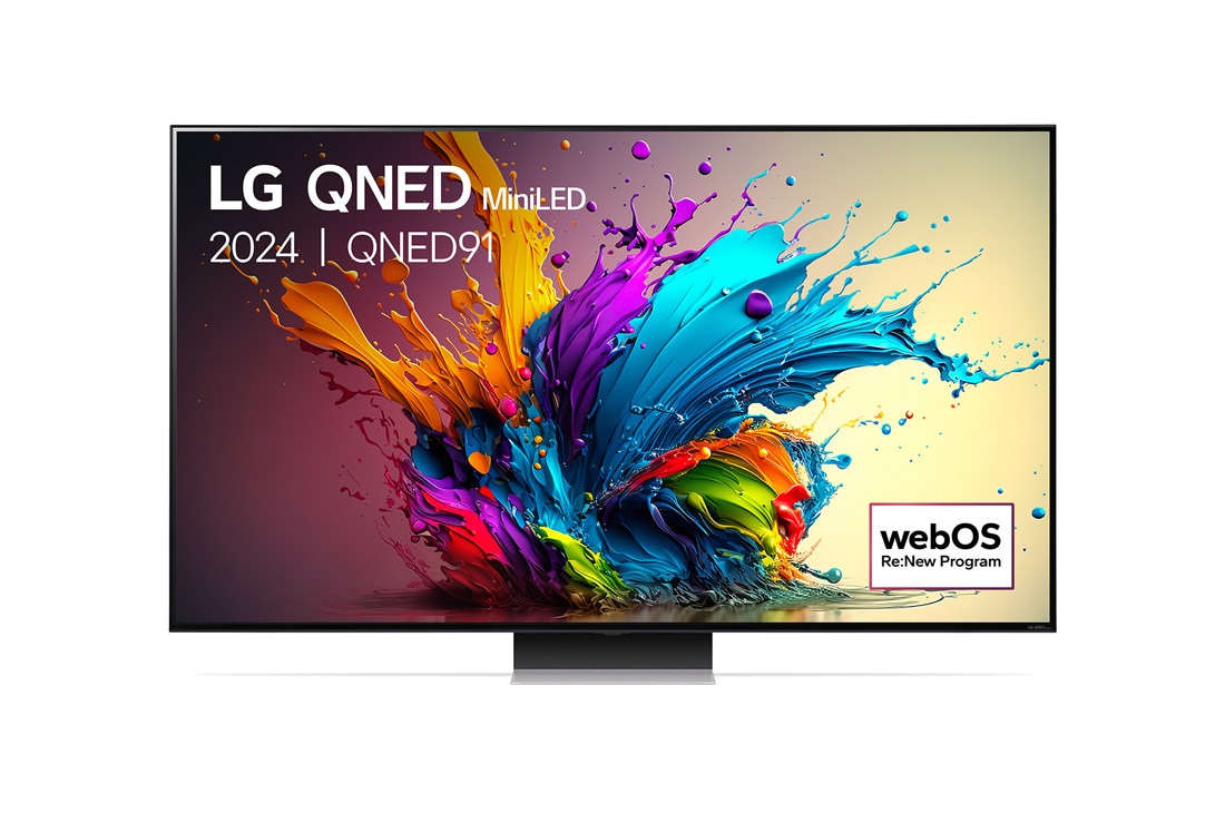 LG 65 Inch LG QNED MiniLED QNED91 4K Smart TV 2024, Naar links gericht zijaanzicht in een lichte hoek, 65QNED91T6A