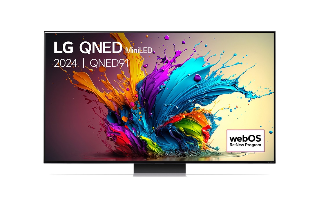 LG 75 Inch LG QNED MiniLED QNED91 4K Smart TV 2024, Naar links gericht zijaanzicht in een lichte hoek, 75QNED91T6A