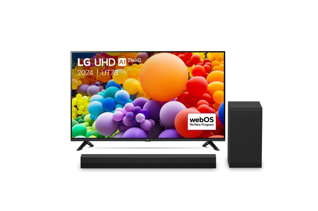 LG 55 Inch LG UHD UT73 4K Smart TV & DS40T 2.1 channel soundbar, front view, 55UT73006LA.DS40T