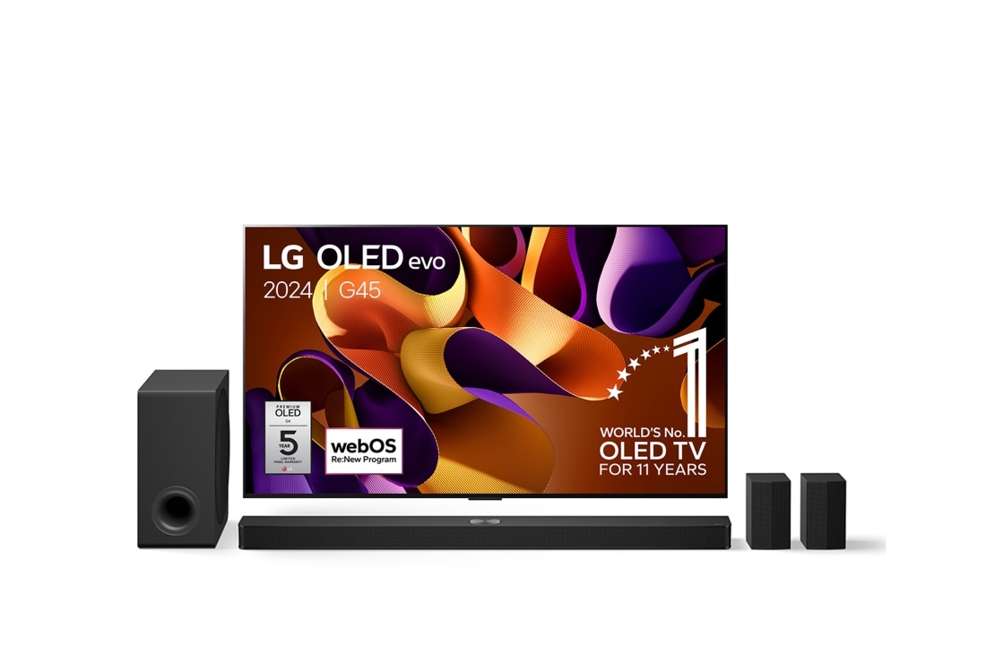 LG 77 Inch LG OLED evo G4 4K Smart TV & DS95TR 9.1.5 channel soundbar, Vooraanzicht met LG OLED evo TV, OLED G4, 11 jaar wereldwijd nummer 1 OLED-embleem, en 5 jaar paneelgarantielogo op het scherm, OLED77G45LW.DS90TR