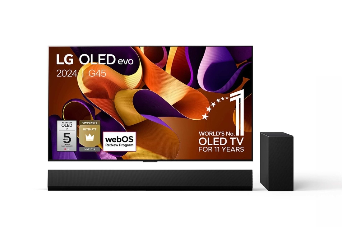 LG 65 Inch LG OLED evo G4 4K Smart TV & DSG10TY 3.1 channel soundbar, Vooraanzicht met LG OLED evo TV, OLED G4, 11 jaar wereldwijd nummer 1 OLED-embleem, en 5 jaar paneelgarantielogo op het scherm, OLED65G45LW.DSG10TY