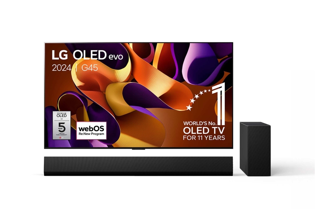 LG 55 Inch LG OLED evo G4 4K Smart TV & DSG10TY 3.1 channel soundbar, Vooraanzicht met LG OLED evo TV, OLED G4, 11 jaar wereldwijd nummer 1 OLED-embleem, en 5 jaar paneelgarantielogo op het scherm, OLED55G45LW.DSG10TY