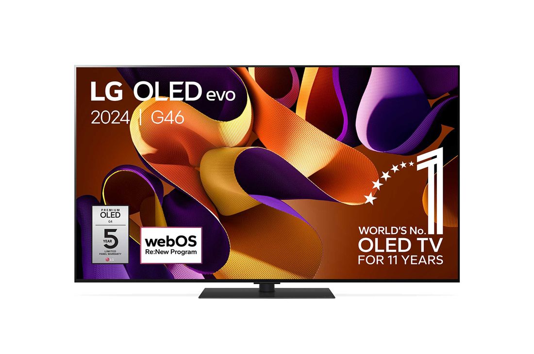 LG 55 Inch LG OLED evo G4 4K Smart TV 2024, Vooraanzicht met LG OLED evo TV, OLED G4, 11 jaar wereldwijd nummer 1 OLED-embleem, en 5 jaar paneelgarantielogo op het scherm, OLED55G46LS
